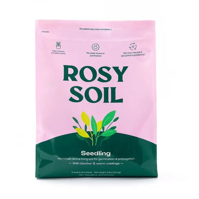 The Seedling Potting Soil by Rosy Soil is a pink and green bag featuring plant illustrations. Its marketed as a sustainable mix enriched with biochar and worm castings, emphasizing living soil and natural ingredients.