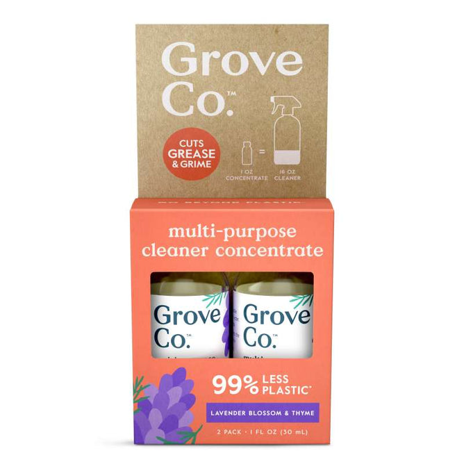 Grove Co.s Multi-Purpose Cleaner Concentrate comes in lavender blossom and thyme scent with packaging that features two 1 fl oz bottles. It cuts grease using bio-based ingredients, uses 99% less plastic, reduces waste, and boasts an eco-friendly design with a lavender illustration.