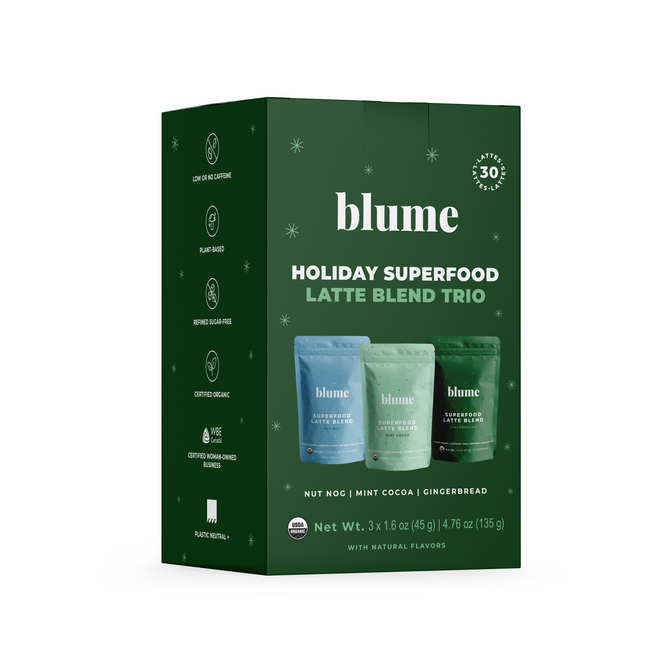The Blume Superfood Latte Trio Giftset - Holiday Edition features vegan, gluten-free lattes in Nut Nog, Mint Cocoa, and Gingerbread flavors. Adorned with snowflake-decorated festive green packaging, this superfood powder set invites you to enjoy the seasons cheer.