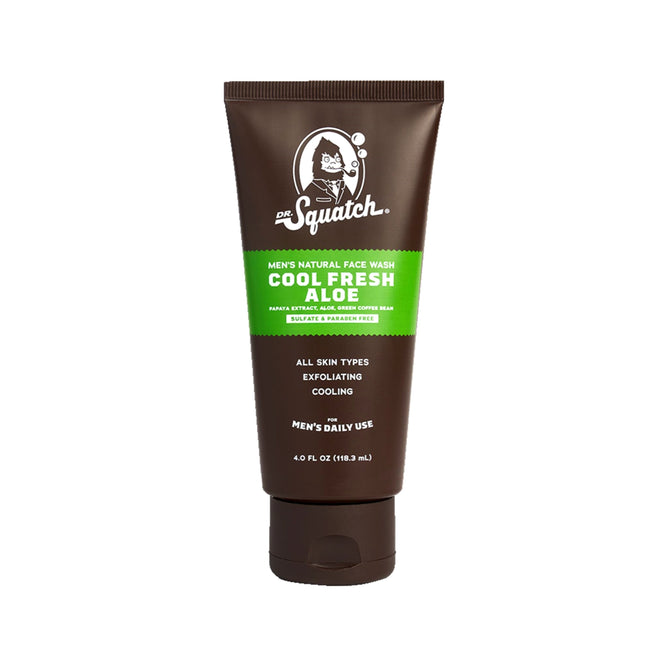 A 4 oz brown tube of Dr. Squatch Face Wash in Cool Fresh Aloe features active Aloe Vera, green coffee bean extract, exfoliation, and cooling benefits. Suitable for all skin types and intended for daily use.