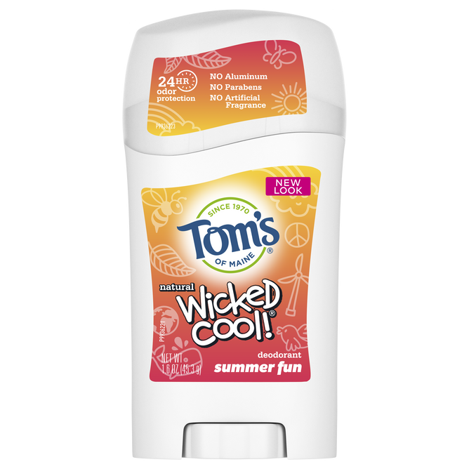 Toms of Maine presents the Aluminum-Free Wicked Cool Natural Deodorant for Kids in a Summer Fun edition, featuring 24-hour odor protection. Adorned with floral and leaf patterns, it boasts a New Look badge for its fresh design.