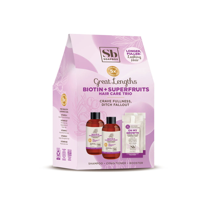 Soapboxs Strengthen & Lengthen Biotin and Superfruits Haircare Starter Set features shampoo, conditioner, and booster in a purple and white box. It highlights fuller hair benefits with biotin and superfruits, showcasing images of the vegan collagen-infused products inside.
