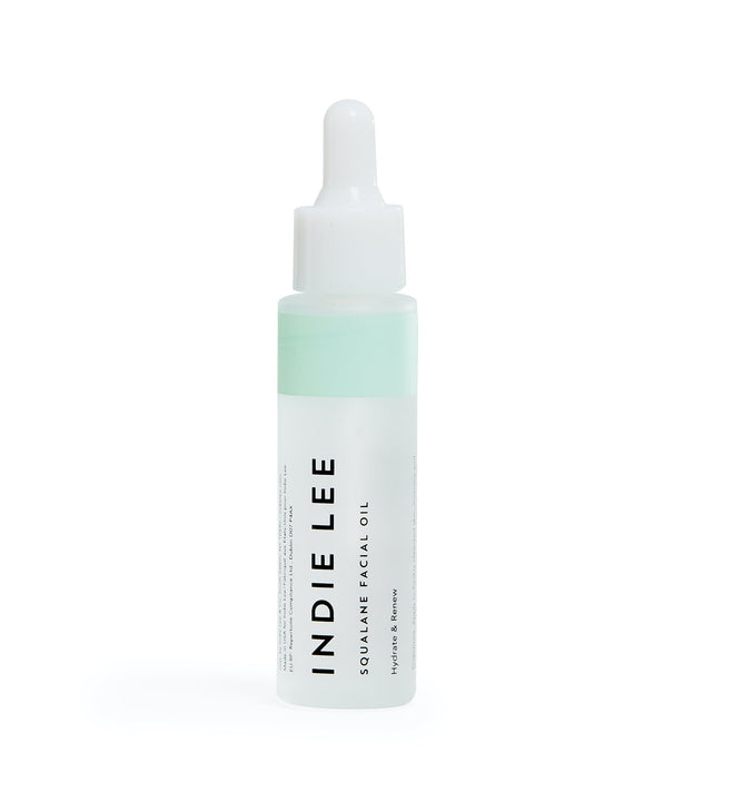 Indie Lees Squalane Facial Oil, with its mint green label and dropper cap, embodies natural skincare. Featuring Hydrate & Rejuvenate in sleek, minimalist packaging, it highlights the brands commitment to quality.