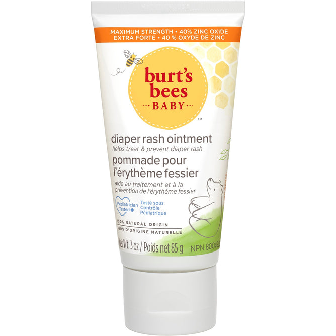 Burts Bees Baby Bee Diaper Rash Ointment, enriched with 40% zinc oxide and sweet almond oil, comes in a 3 oz (85g) tube with a white and yellow label featuring a bee illustration and bilingual text in English and French.