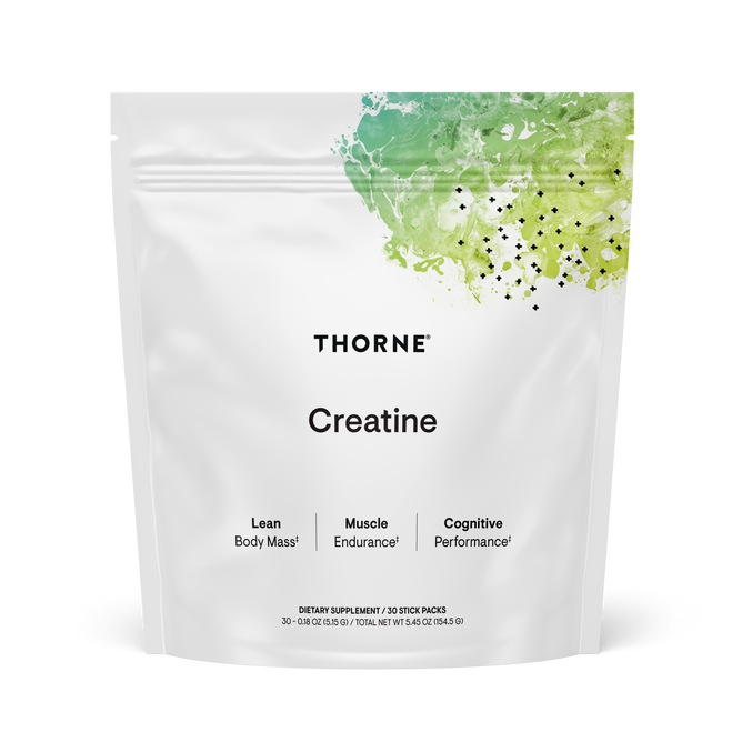 A white Thorne Creatine – Stick Packs pouch with a green watercolor top, promoting lean body mass, muscle performance, and cognitive support. Contains 30 stick packs for daily cellular energy.