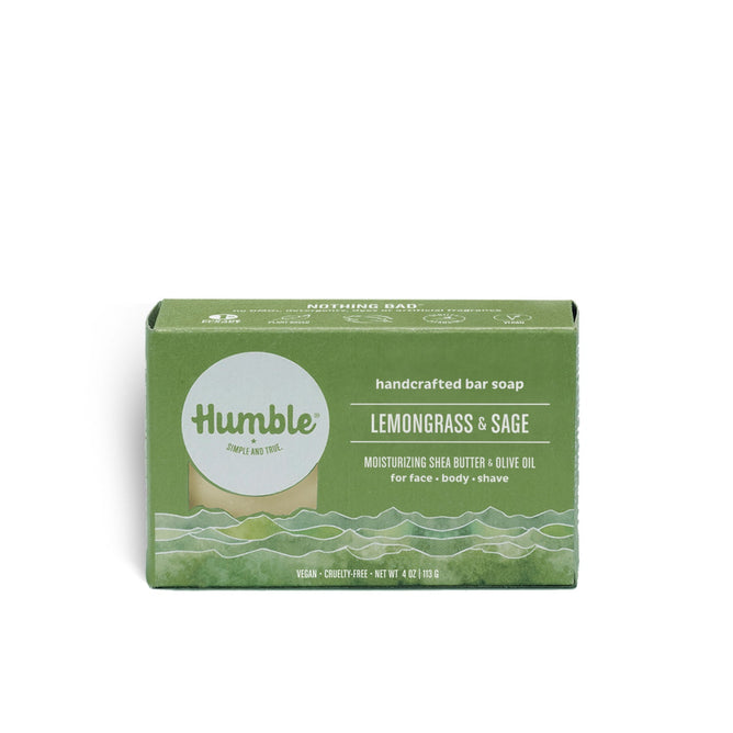 The green box of Humble Brands handcrafted Bar Soap in Lemongrass & Sage features moisturizing shea butter, natural oils, and olive oil for face, body, and shave. This 4 oz vegan, cruelty-free bar is a sustainable skincare choice.