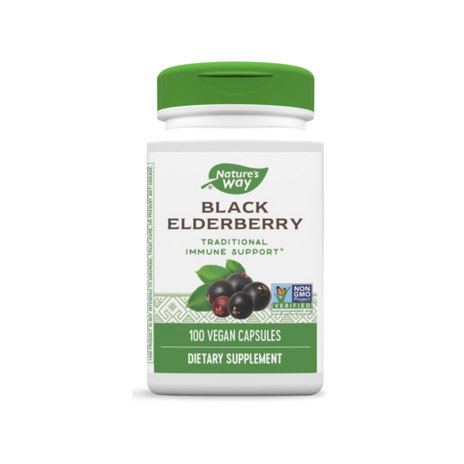 Natures Way Black Elderberry dietary supplement, with a green lid and white bottle, offers Traditional Immune Support in 100 vegan capsules. It features the Non-GMO Project Verified logo next to an elderberries image.