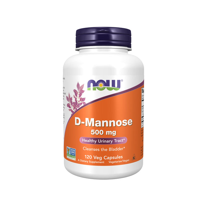 The white NOW Foods D-Mannose 500MG bottle with a purple cap promotes urinary tract health and bladder cleansing. It features 120 Veg Capsules and symbols for non-GMO, vegetarian/vegan, supporting a healthy bladder lining.
