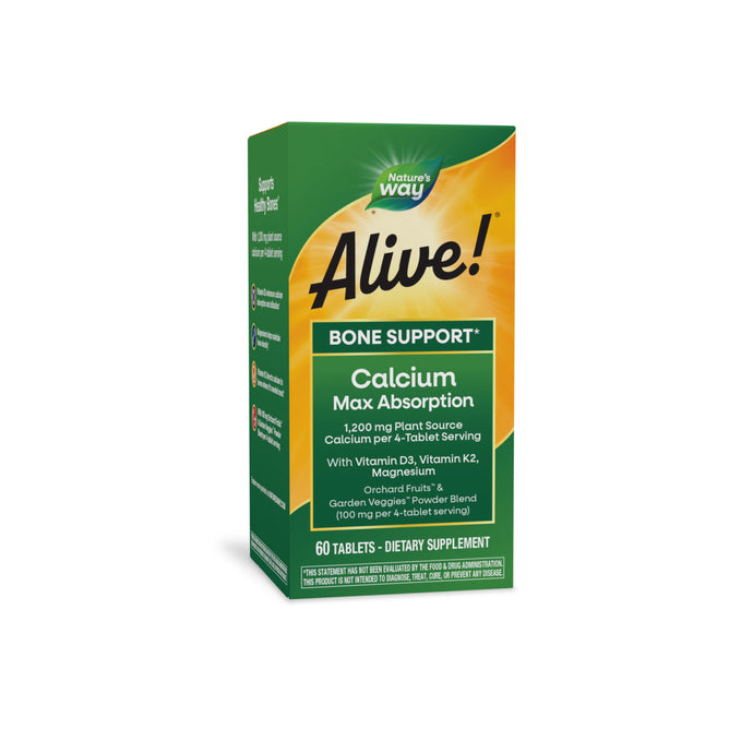 A green box of Natures Way Alive! Calcium contains 60 tablets with 1200 mg plant-based calcium, key nutrients like vitamins D3 and K2, magnesium, and an Orchard Fruits/Garden Veggies Powder Blend, emphasizing Max Absorption for optimal absorption.