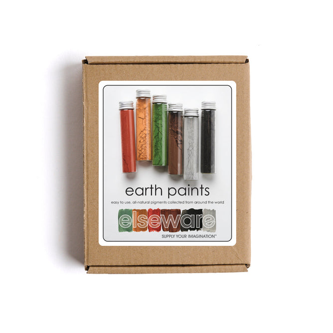 A cardboard box holds six transparent vials with vibrant natural pigments. The label says Earth Paint Set, featuring globally sourced earth pigments, with the brand name elseware elegantly displayed below.
