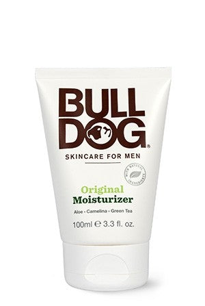 The Bulldog Mens Original Moisturizer hydrates male skin with aloe vera and camelina oil. It comes in a white tube with bold brown lettering and contains 100ml (3.3 fl oz).