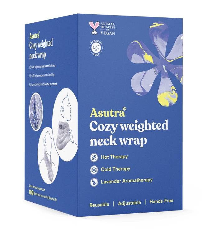 The blue box of Asutras Cozy Weighted Neck Wrap displays icons for warm/cool therapy and soothing lavender aromatherapy. Its vegan, cruelty-free, has a floral design, and shows someone enjoying its comfort.