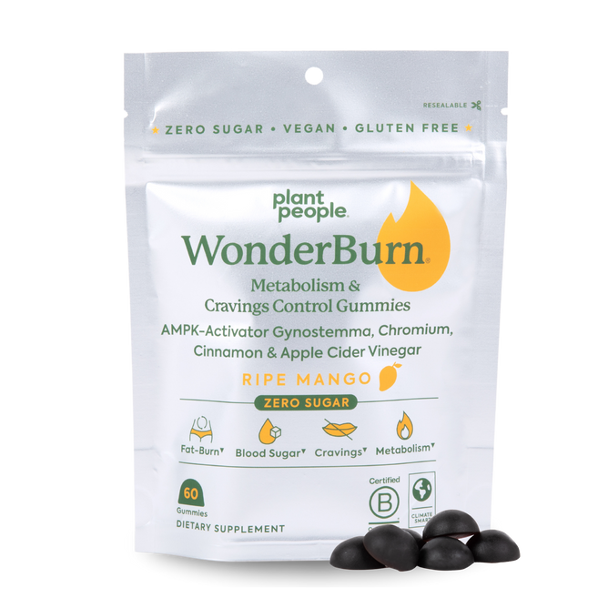 A standing package of Plant Peoples WonderBurn Gummies — For Metabolism & Cravings Control, featuring ripe mango and Gynostemma. The white and green zero-sugar, vegan, gluten-free packaging has three black gummies in front.