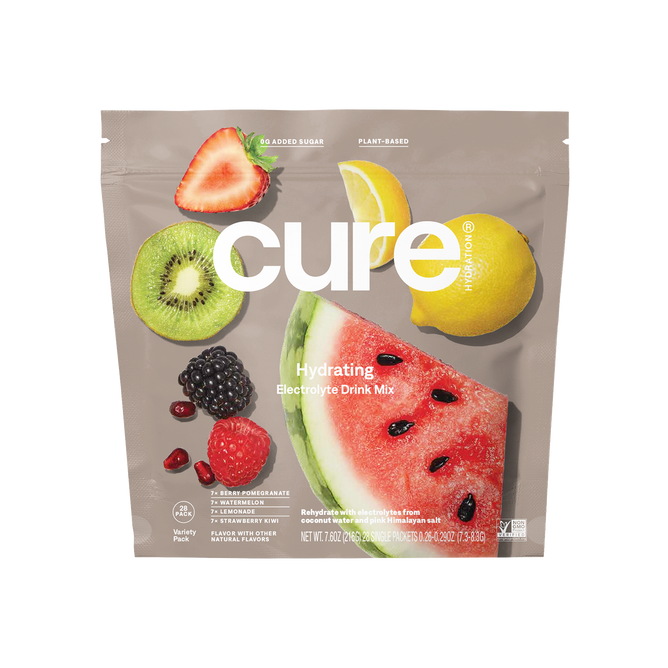 Cure Hydrations Hydrating Electrolyte Drink Mix, with a 7 oz net weight, ensures rapid hydration featuring 0g added sugar and plant-based benefits. The package displays images of kiwi, lemon, watermelon slice, berries, and strawberries for quick dehydration relief.