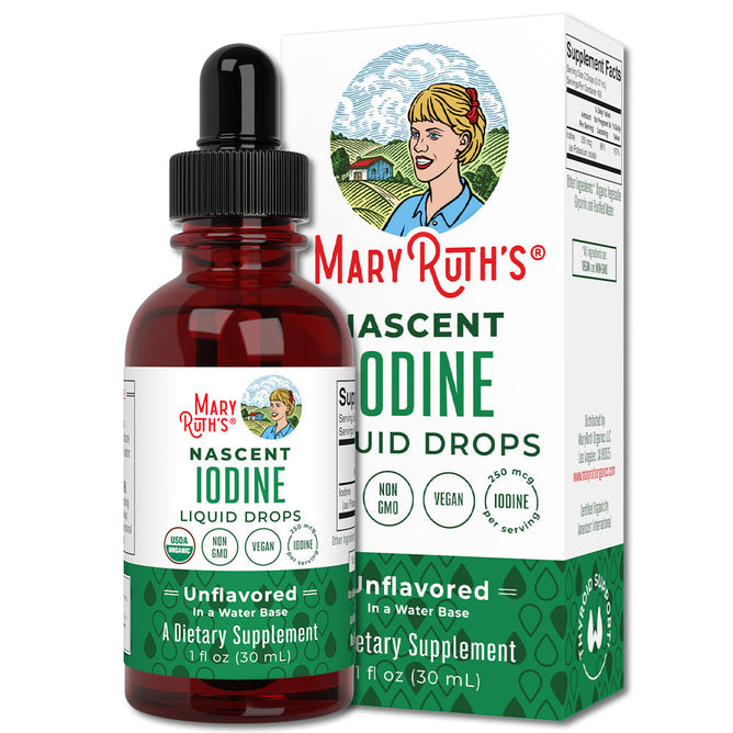 A bottle of Nascent Iodine Liquid Drops by MaryRuths, a 250 mcg per serving mineral dietary supplement, stands in front of its packaging. The label highlights it is vegan, non-GMO, and unflavored. The box features a vintage-style drawing of a woman.