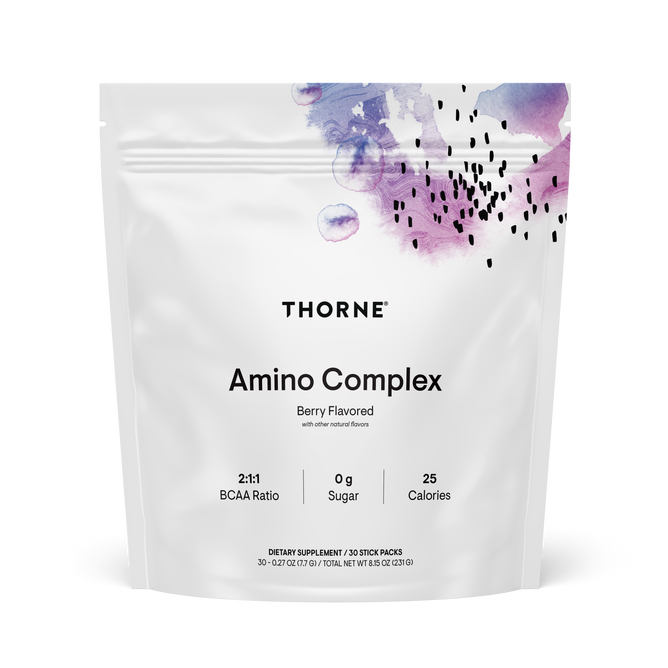 A white pouch labeled Thorne Amino Complex with berry flavor and purple watercolor art highlights a 2:1:1 BCAA formula, 0g sugar, and 25 calories—designed to help support lean muscle mass.