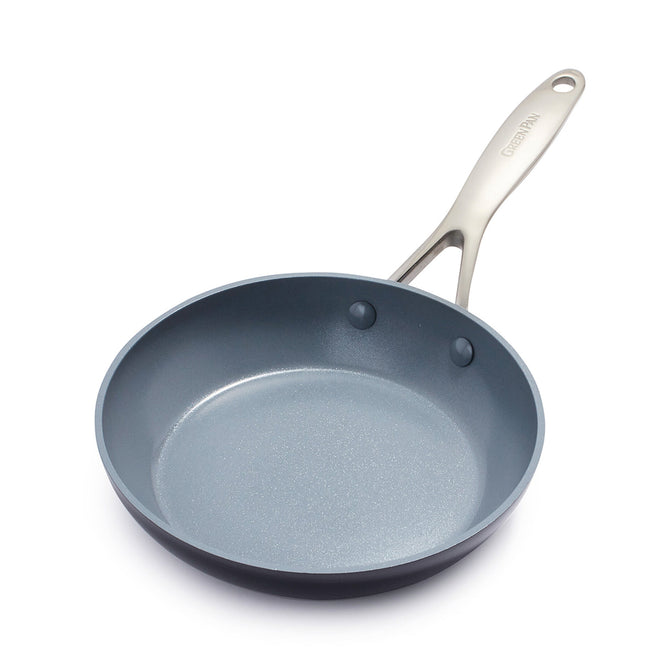 The 8 GreenPan Valencia Pro Ceramic Fry Pan is gray and features a silver handle made from hard anodized aluminum. It has a flat bottom, sloped sides, two rivets for security, and a hanging hole. The PFAS-free Thermolon™ Advanced ceramic coating ensures safe cooking.