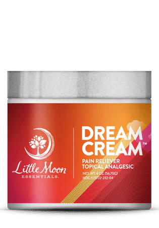 Little Moon Essentials Dream Cream, in a 4 oz jar, features a red and orange label with white text and a floral logo. Its infused with essential oils and arnica for soothing pain relief and acts as a topical analgesic.