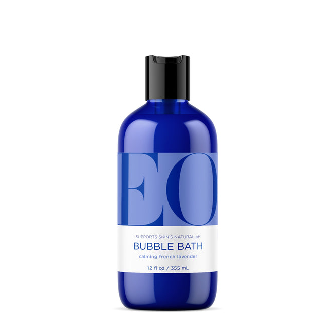 EO Products Bubble Bath features a blue bottle with a black cap, infused with calming French Lavender. It supports skins natural pH and offers soothing qualities. Containing 12 fl oz (355 mL), its the perfect addition to your bath ritual.