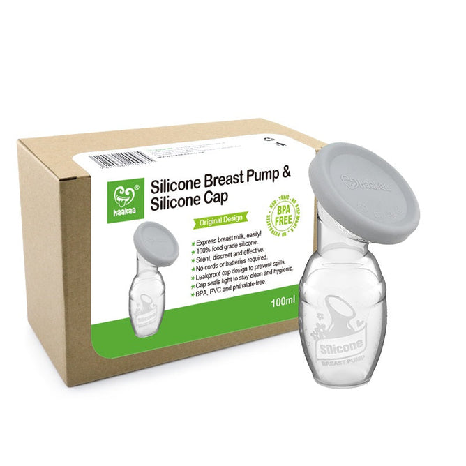 The packaging features Haakaas Generation 1 Silicone Breast Pump with Lid, displaying a clear image of the product and green text highlighting its BPA-free and eco-friendly design, with the transparent pump having a 100ml capacity.
