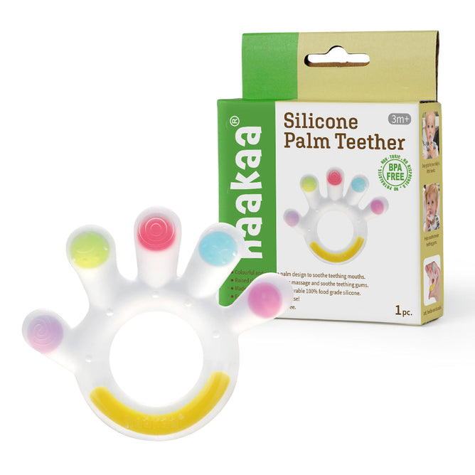 The Haakaa Silicone Palm Teether, suitable for babies 3 months and older, offers teething relief with vibrant multicolored tips. Housed in sleek green and beige packaging, it is designed to enhance motor skills while being BPA-free for safe chewing.