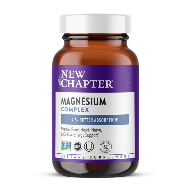 The brown glass bottle for New Chapters Magnesium Complex Supplement boasts 2.5x Better Absorption and offers benefits for muscle, bone, heart, nerve health, and cellular energy. It contains 60 high-absorption magnesium bisglycinate capsules.