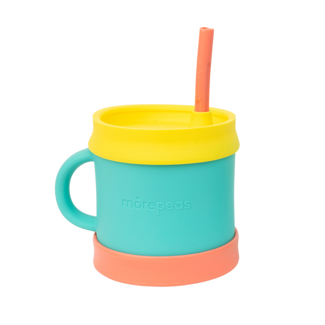 The eco-friendly The Everything Sippy by morepeas is a 3-in-1 cup with a turquoise body, yellow lid, and coral base. Its handle and coral straw fit perfectly through the lid, making it ideal for little hands seeking vibrant sips.
