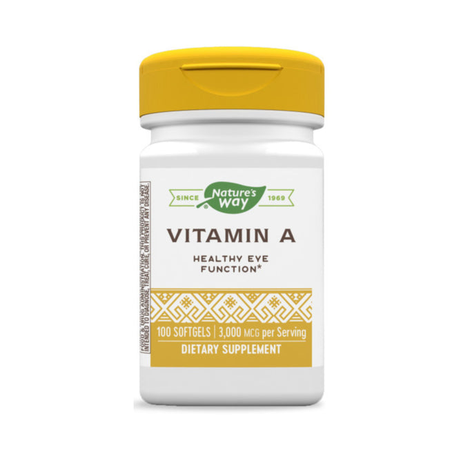 The Natures Way Vitamin A - For Healthy Eye Function bottle features 100 white softgels, each providing 3,000 MCG per serving. With a yellow cap and decorative patterns, it supports vision and immune system health while offering antioxidant protection.