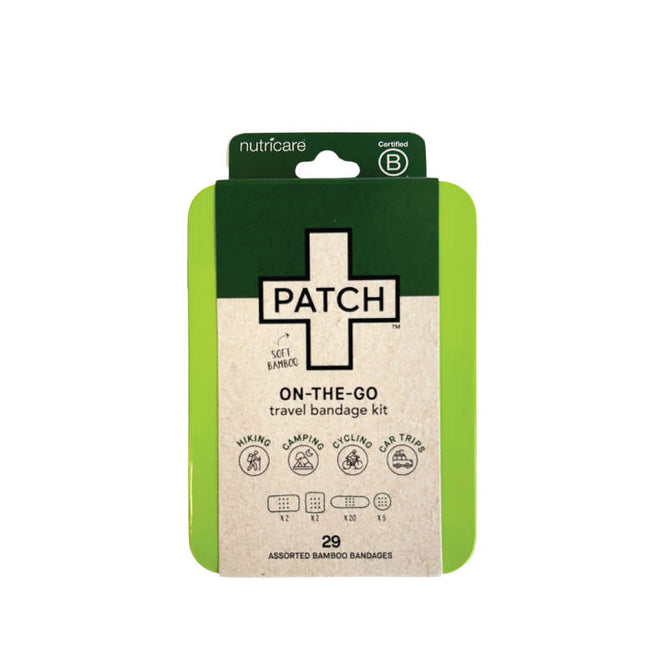 The PATCH On-The-Go Travel Kit is a green and beige first aid pack ideal for outdoor adventures, featuring 29 assorted bamboo bandages perfect for hiking, camping, or cycling. The packaging displays a certified B corporation mark.