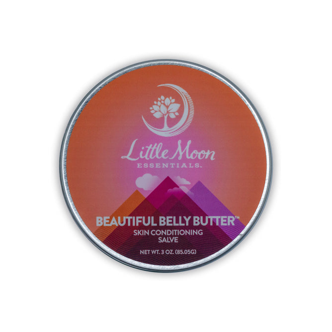 A tin of Beautiful Belly Butter™ by Little Moon Essentials with a gradient background showcasing stylized mountains and a crescent moon. Text: Beautiful Belly Butter, Moisturizing Salve for Stretch Marks and Dry Skin, Net Wt. 3 oz (85.05g).