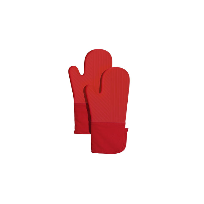 Two red GIR Silicone Oven Mitts with textured surfaces overlap on a white backdrop. These BPA-free mitts, featuring smooth grip areas and fabric wrist cuffs, provide heat resistance and enhanced kitchen safety.