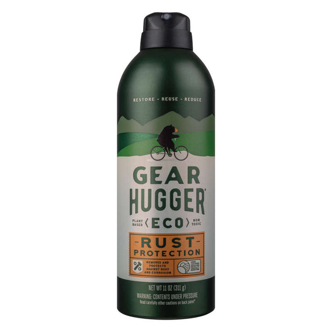 An 11 oz (311g) green aerosol can from Gear Hugger, named Rust Protection, features a cyclist icon and highlights anticorrosive properties with plant-based, non-toxic ingredients. It emphasizes Restore - Reuse - Reduce.