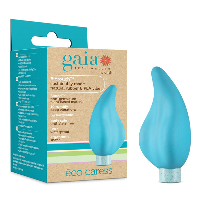 An image of an aqua blue vibrator and its packaging featuring the Eco Caress by Blush Gaia. The box emphasizes its sustainable, eco-friendly, body-safe, and waterproof qualities. Ergonomically shaped like a leaf, it provides 10 vibrating modes for a personalized experience.
