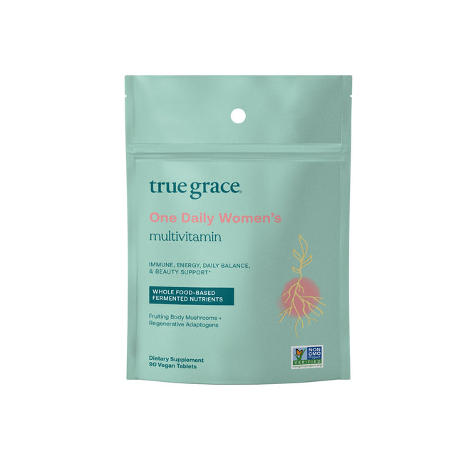 True Graces One Daily Womens Multivitamin Refill in teal offers immune, energy, daily balance, and beauty support with an organic mushroom blend. It includes 90 vegan tablets of whole food-based fermented nutrients and is Non-GMO Project Verified.