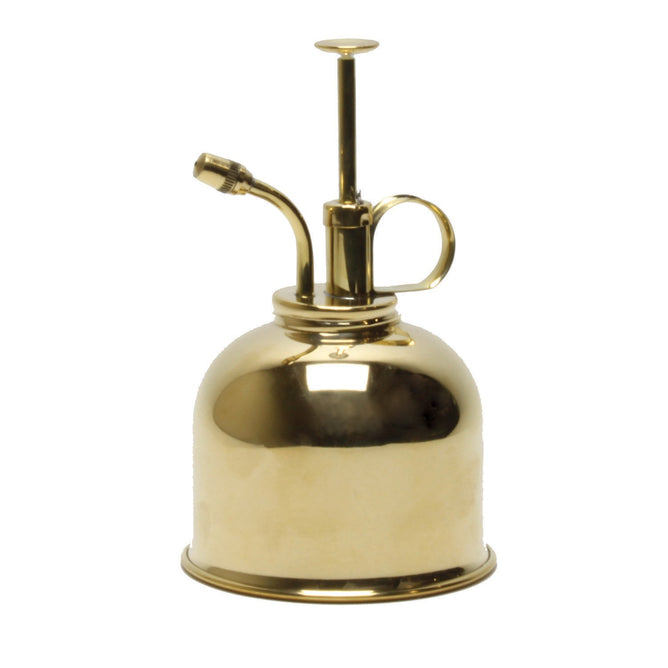 The Brass Mister by Modern Sprout is perfect for indoor gardening, featuring a shiny round brass body, curved spout, top pump handle, and finger holder for easy use. Its elegant design enhances any space and is displayed against a plain white background.