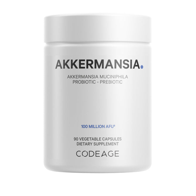A bottle of Codeage Akkermansia supplement, labeled as a probiotic and prebiotic, contains chicory inulin and 100 million AFU per serving. The white bottle includes 90 vegetable capsules.