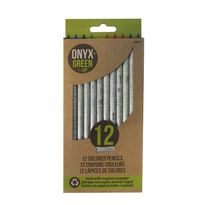 A pack of 12 Onyx and Greens Recycled Newspaper Colored Pencils, made from recycled newspaper, features a wood-free design visible through a transparent window on the brown packaging, with text in English, French, and Spanish.