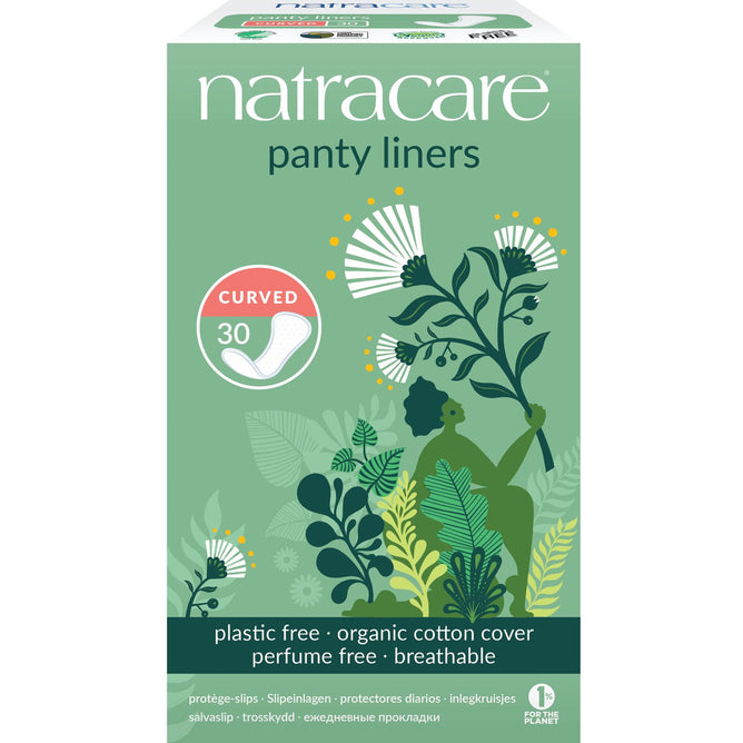 Natracares Curved Panty Liners provide everyday protection with 30 liners per box. The green packaging features plant illustrations and white text, emphasizing plastic-free and perfume-free organic cotton for breathable comfort.