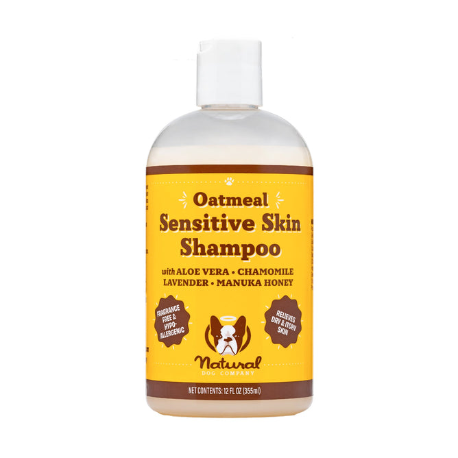 The 12 fl oz Sensitive Skin Oatmeal Shampoo from Natural Dog Company features a hypoallergenic formula with natural ingredients like aloe vera, chamomile, lavender, and manuka honey to keep your pets coat healthy and soft.
