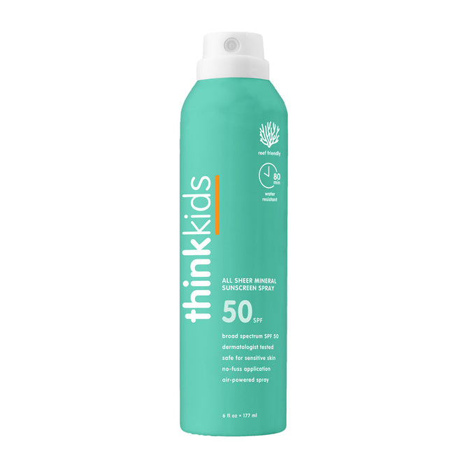 A teal can of thinksun thinkkids SPF 50 All Sheer Mineral Sunscreen Spray features reef-friendly, water-resistant protection thats gentle for sensitive skin.