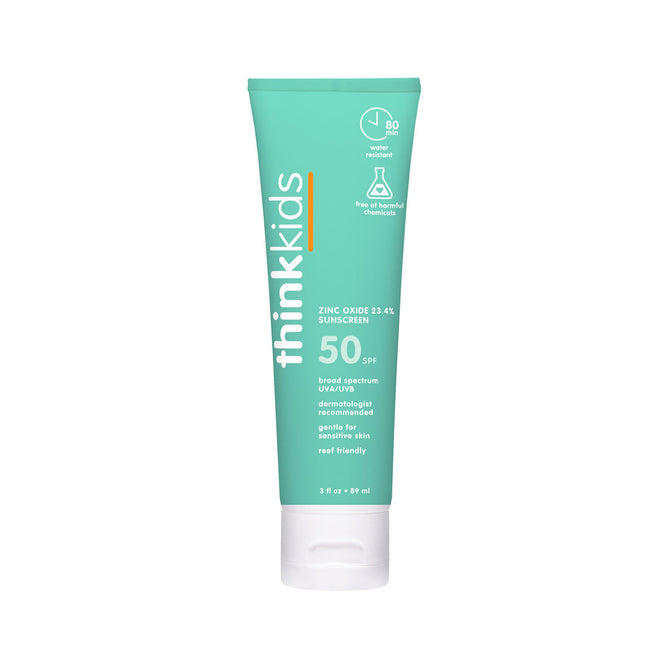 A turquoise tube of thinksun thinkkids SPF 50 Sunscreen features mineral-based zinc, broad spectrum protection, dermatologist recommendation, gentle for sensitive skin, and a reef-friendly formula.