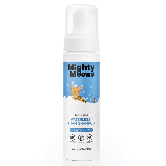The 8.0 fl oz (237 mL) Mighty Meow Waterless Foam Shampoo for cats, adorned with a cartoon cat in bubbles, offers fragrance-free cleansing without rinsing.