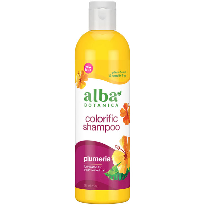 The Alba Botanica Color Treated Plumeria Shampoo comes in a yellow 12 fl oz (355 ml) bottle adorned with orange and red flowers. Specially formulated for color-treated hair, it features a plumeria scent and is plant-based, cruelty-free, and sulfate-free.