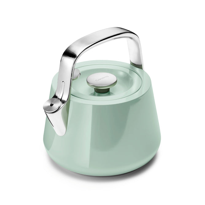 A mint green Stovetop Whistling Tea Kettle by Caraway, made from non-toxic stainless steel with a shiny silver handle and lid. It has a modern design with a wide, sturdy base.