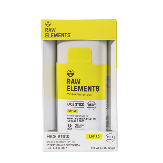 The Raw Elements Face Stick - SPF 50 offers broad spectrum sun protection with Titanium Dioxide. The 28g white and yellow packaging states REEF FRIENDLY and HYDRATION AND PROTECTION FOR FACE & BODY.