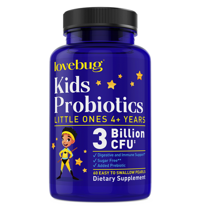 A blue bottle of Lovebug Kids Probiotic - Easy-to Swallow - Little Ones is designed for children 4+, offering 60 sugar-free pearls with 3 billion CFU. The label emphasizes digestive health and immune support, with added prebiotic.