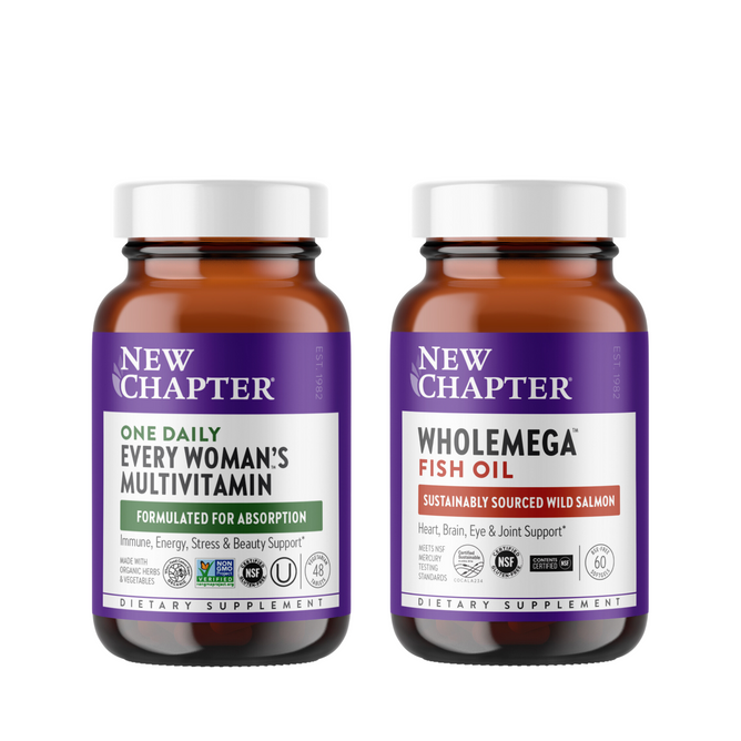 Two brown bottles with distinctive labels form the Womens Wellness Starter Set by New Chapter, featuring One Daily Every Woman’s Multivitamin on the left and Wholemega Fish Oil, rich in Omega-3, on the right. Both are essential dietary supplements.
