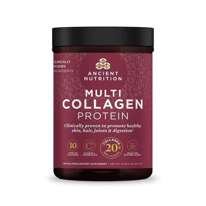Ancient Nutritions Multi Collagen Protein Powder offers skin, hair, joint, and digestive benefits. It contains 10 collagen types, Vitamin C, probiotics, is dairy-free, and uses pasture-raised sources.