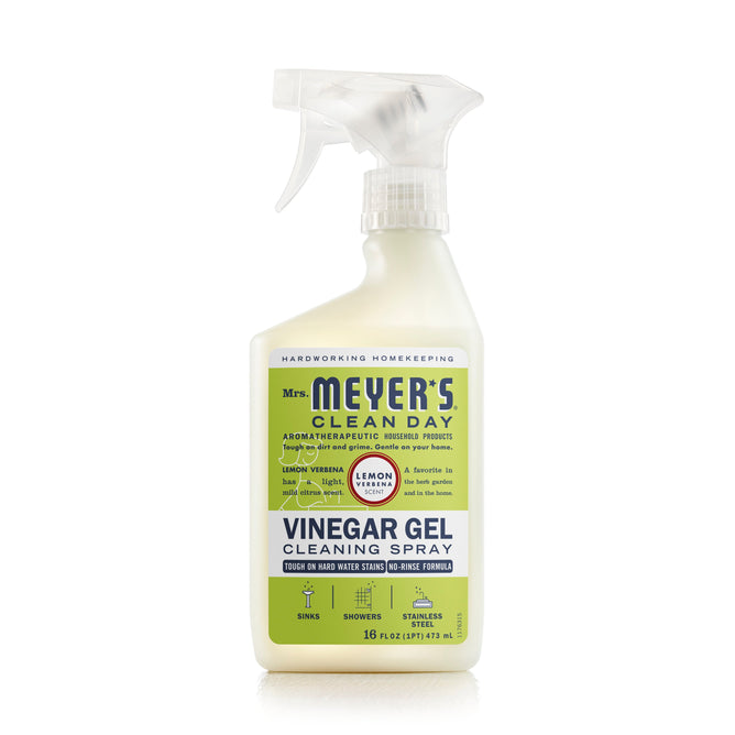 Mrs. Meyers Vinegar Gel Cleaner in lemon verbena scent, cruelty-free and ideal for sinks, showers, toilets, and stainless steel; provided in a 16 fl oz (473 ml) bottle with an easy-to-use spray nozzle.