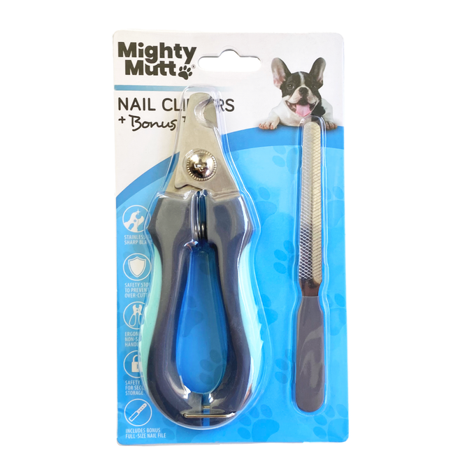The Mighty Mutt Nail Grooming Clippers feature blue and silver stainless steel safety clippers with ergonomic black grips and come with a bonus double-sided file, all packaged in an engaging box adorned with a cartoon dog image.
